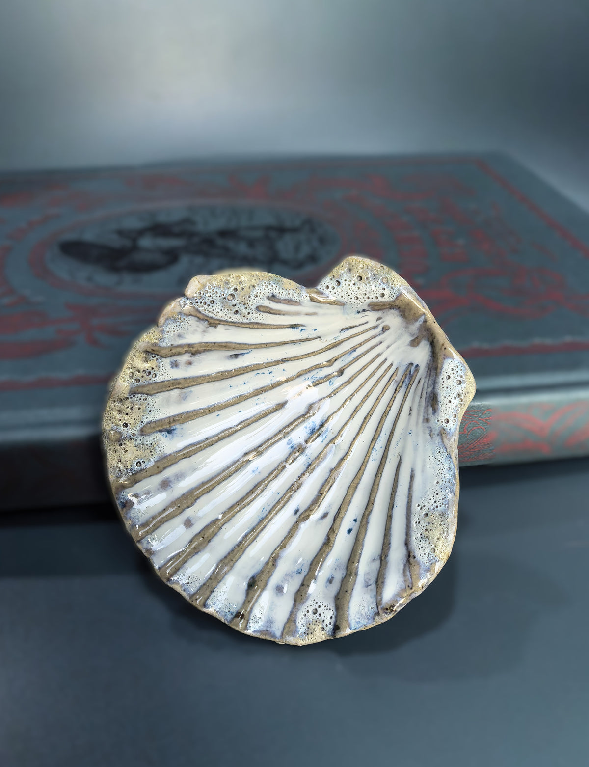 A realistic shell-shaped decorative object with ribbed texture and speckled beige, white, and gray coloring, displayed in front of a dark book on a gray surface.