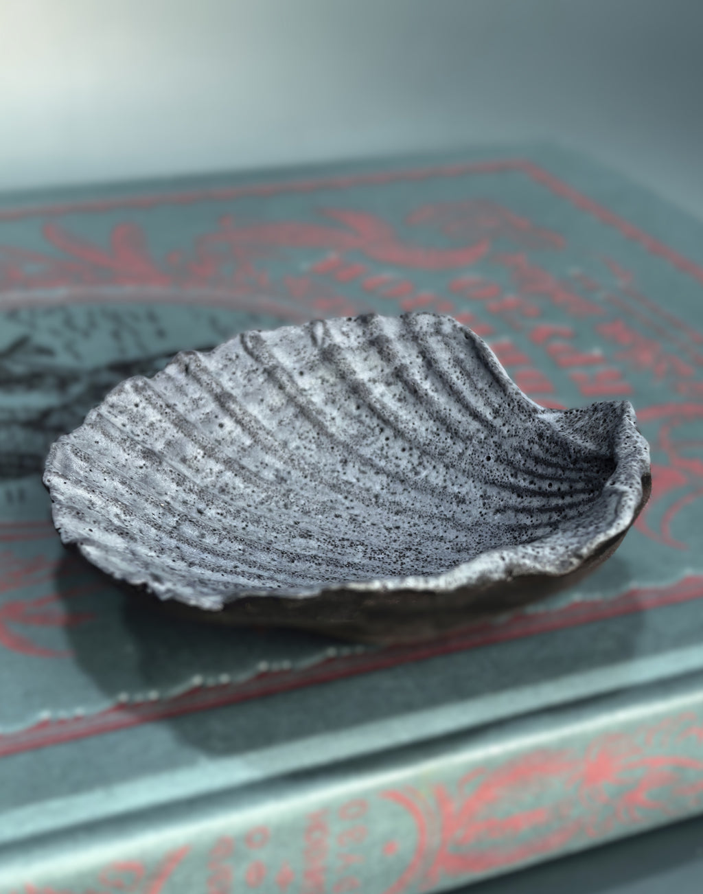 A small handmade ceramic dish with a ribbed, shell-like texture in speckled gray and black glaze, resting on a vintage book with red lettering.