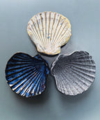 Three sculptural shell-shaped objects arranged in a triangle on a smooth gray surface. The top shell is cream with beige and blue speckling, the bottom left shell is deep blue with dark accents, and the bottom right shell is gray with a textured finish.