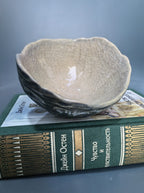 A handmade ceramic bowl with a textured, organic shell-like rim and a glossy crackle glaze, resting on top of a vintage green book.