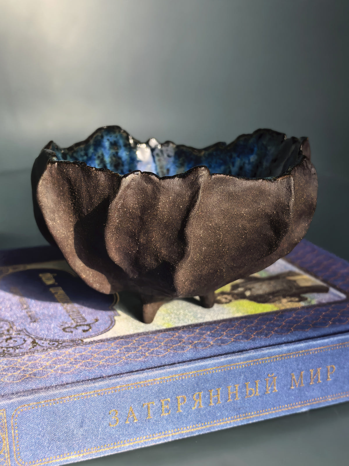 A dark brown, textured ceramic bowl with a blue glazed interior, displayed on top of a blue book.
