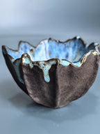 A handmade ceramic bowl with a dark brown textured exterior and a light blue glazed interior, featuring a scalloped rim and dripping glaze details.