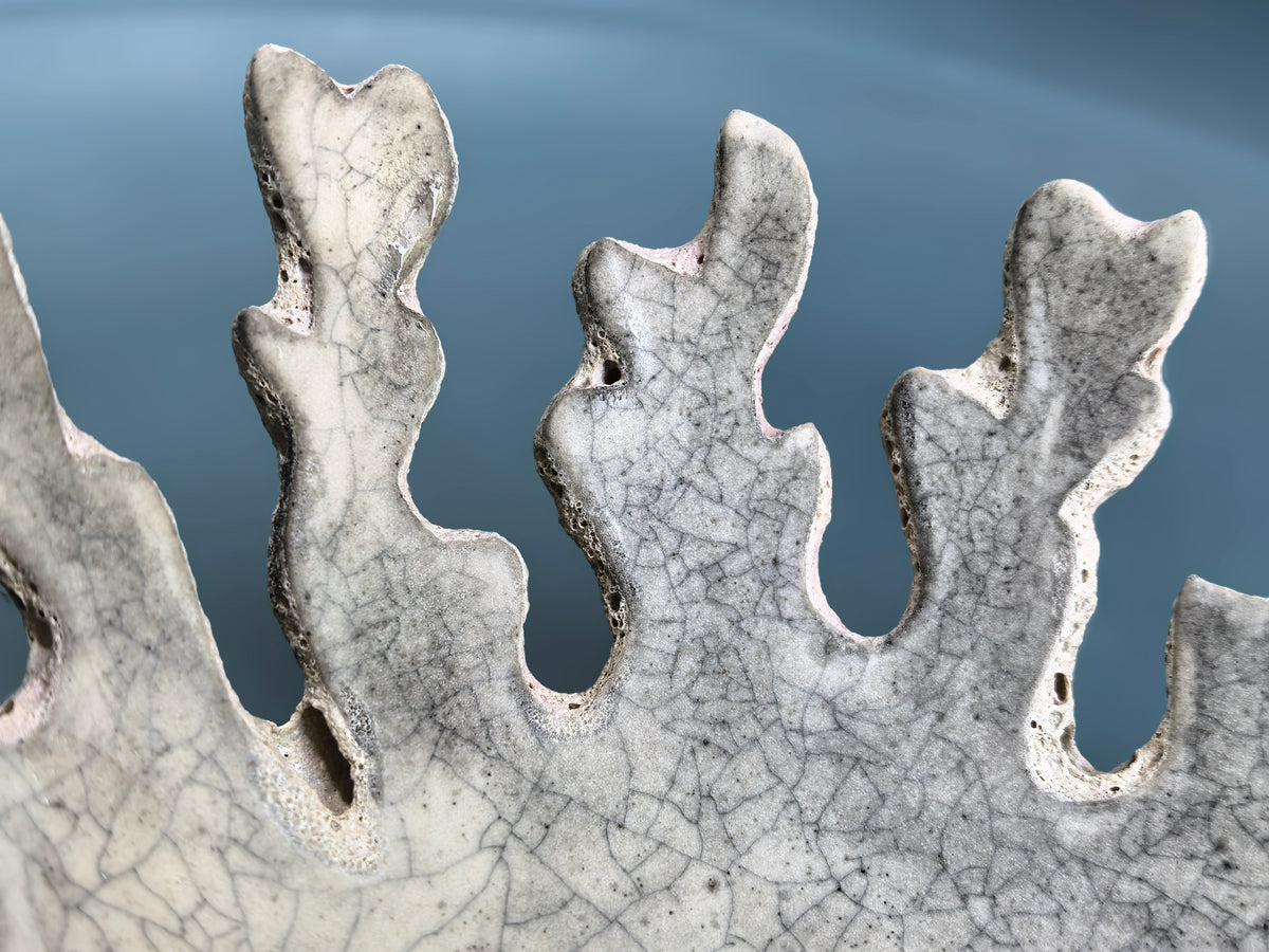 Close-up of a ceramic plate or dish edge with a textured, crackled glaze in off-white and gray, set against a smooth blue background.